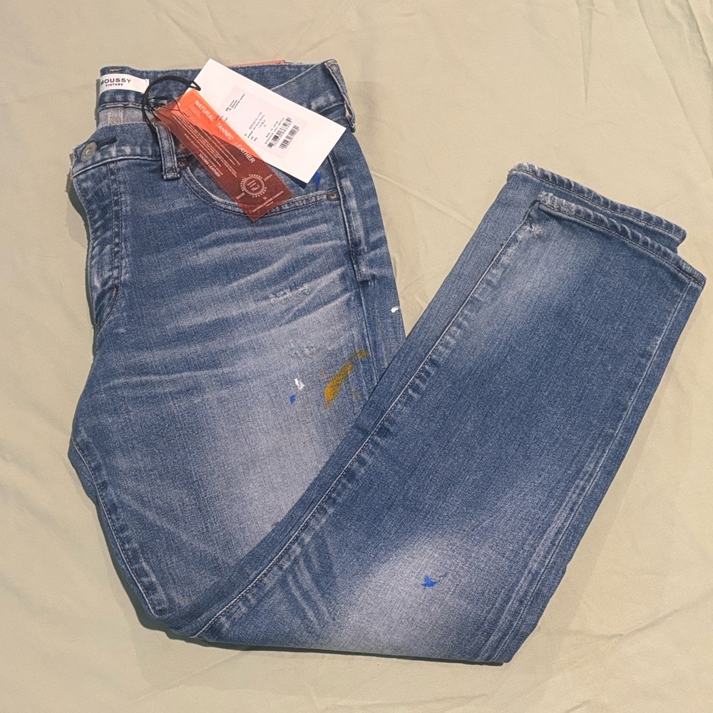 Moussy MV Dixie Skinny Blue Denim Jeans with Paint Splatter